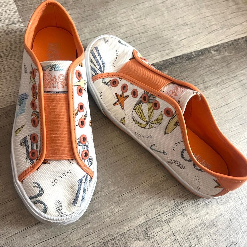 Coach Poppy Beach Print Orange Slip-on Canvas Sneakers Size 7.5